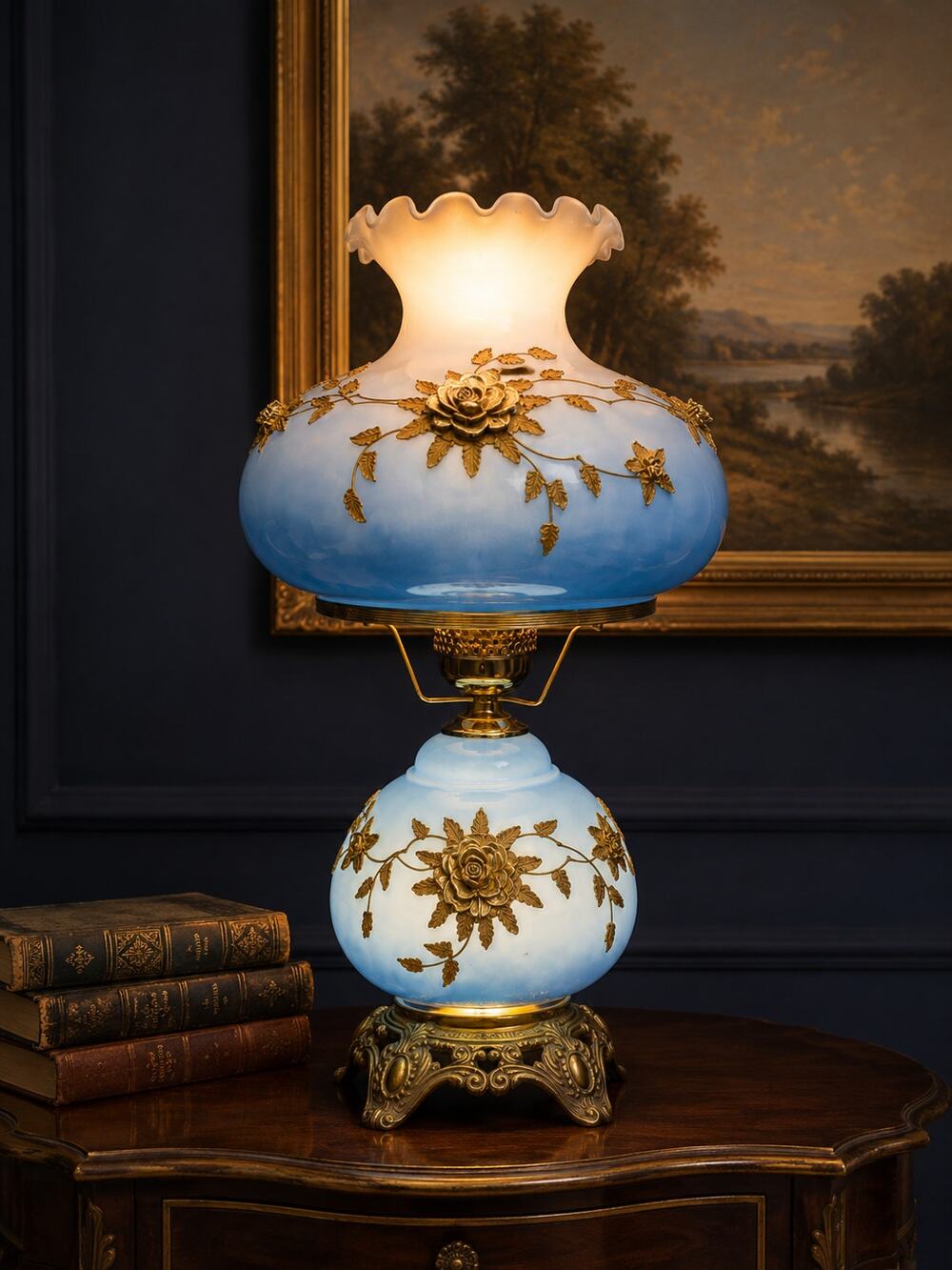 Vintage Falkenstein Style Industries Blue Opaline Hurricane Lamp Floral Dual